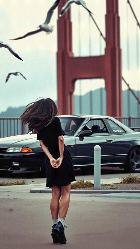 day, cloudy, New York shore, nissan s13 stands near the fence, in the background can see the Golden Gate Bridge, looks like selfies with camera, seagulls flying far away in the background, background blurred, cinematic colors, the car is sideways, near the car stands a girl with black hair and her hair is developing from the wind, the woman rests on the car with her back, the face is not visible because of the hair, looks like selfies on the phone