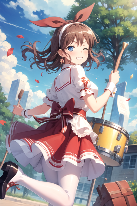 <lora:Saaya-02:0.7>, saaya, 1girl, solo, long hair, looking at viewer, blush, smile, blue eyes, skirt, brown hair, shirt, hair ornament, dress, bow, ribbon, holding, jewelry, standing, hair ribbon, white shirt, flower, short sleeves, pantyhose, hairband, earrings, outdoors, frills, one eye closed, sky, shoes, teeth, day, striped, cloud, black footwear, grin, red bow, red ribbon, tree, blue sky, wrist cuffs, petals, red skirt, sunlight, standing on one leg, frilled skirt, frilled sleeves, building, instrument, white pantyhose, center frills, back bow, confetti, brick wall, holding instrument, striped skirt, drum, drumsticks, string of flags