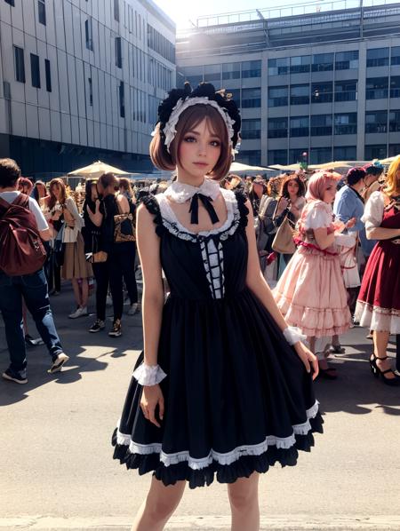 pov,natural lighting,1girl,makeup,solo,mix4,
lolita_dress,standing,bonnet,
crowd,cosplay,<lora:Comicon:0.7>,
<lora:add_detail:0.3>,