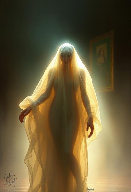 A hauntingly beautiful ghostly figure, illuminated by glowing plasma, emerging from the shadows. Realistic painting style with intricate details and lifelike textures. Inspired by the works of John Singer Sargent and Edgar Degas. Studio lighting creates a dramatic atmosphere for this concept art piece.