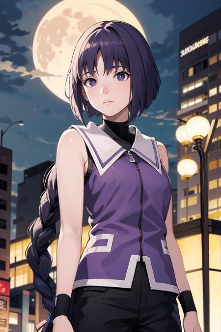 (best quality), (highly detailed), masterpiece, (official art),sumire kakei, single braid, sleeveless jacket, black shorts, wristband, black shirt, looking at viewer, city, night, sky, moon, standing,  upper body,  blurry background, depth of field, best quality, masterpiece, intricate details, tonemapping, sharp focus, hyper detailed, trending on Artstation,1 girl,