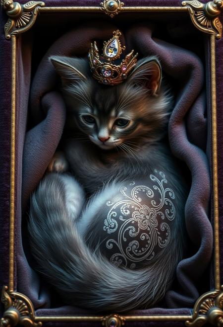 "In a velvet-draped, gemstone-encrusted box, a windup toy kitten lay coiled, its fur a tapestry of twilight hues: amethyst, rose, and smoke. Intricate, swirling patterns danced across its body, etched in silver and gold, like the whims of a mad calligrapher. A delicate, crystal-encrusted crown perched atop its head, casting a kaleidoscope of colors across the surrounding shadows. As the key was turned, the kitten's sapphire eyes would flash, and it would unfurl, its mechanical limbs unfolding like a lotus, releasing a whispered serenade of tinkling chimes and silken music." highest-Quality, intricate details, visually stunning, Masterpiece