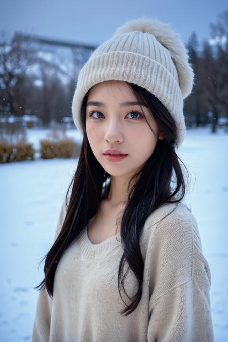 (best quality:1.4), (ultra highres:1.2), (photorealistic:1.4), (8k, RAW photo:1.2),(portrait shot:1.3), bmangpor, 1girl, solo, long hair, black hair, sweater, open clothes, snow, hat, <lora:bmangpor-04:0.65>