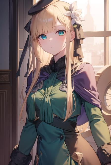 fgoreines, <lora:reines-lora-nochekaiser:1>,
reines, blonde hair, (green eyes:1.5), long hair, bangs, blunt bangs, (small breast:1.2),
BREAK beret, black headwear, black ribbon, blue dress, brown gloves, dress, flower, fur collar, fur trim, fur-trimmed sleeves, gloves, hair flower, hair ornament, hair ribbon, hat, long sleeves, ribbon, rose, tilted headwear, white flower, white rose,
BREAK looking at viewer,
BREAK indoors,
BREAK <lyco:GoodHands-beta2:1>, (masterpiece:1.2), best quality, high resolution, unity 8k wallpaper, (illustration:0.8), (beautiful detailed eyes:1.6), extremely detailed face, perfect lighting, extremely detailed CG, (perfect hands, perfect anatomy),