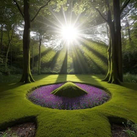 A hyper-realistic painting featuring a three-dimensional blue triangle with human eyes and a mouth, clearly expressing an emotion such as sadness or joy. The triangle should have realistic textures and lighting, making it appear as part of the physical world. It is set in a lush, vibrant forest at dawn, with sunlight filtering through dense foliage, illuminating the moss-covered ground and small wildflowers. Birds and woodland creatures add life to the serene setting. The triangle should blend seamlessly into the environment despite its surreal form, creating a striking contrast between the natural beauty of the forest and the lifelike, anthropomorphic triangle