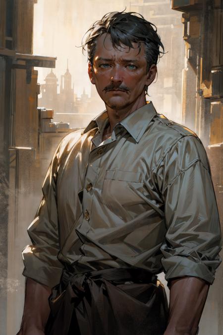 (dark shot:1.1), epic realistic, ((masterpiece, best quality, high quality, highres, ultra-detailed)), strelkov, man, male focus, old man, white shirt, manly, looking at viewer, eye contact, rough face, serious, old city, cityscape,  (strong face:0.9), (hard face:0.9), cowboy shot, mid shot, (standing:0.8) 
<lora:Strelkov:1>
 <lora:add_detail:0.5>, faded, (neutral colors:1.2), (hdr:1.4), (muted colors:1.2), hyperdetailed, (artstation:1.4), cinematic, warm lights, dramatic light, (intricate details:1.1), complex background, (rutkowski:0.66), (teal and orange:0.4)