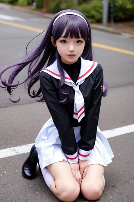 ultra-detailed,highly detailed,best quality,masterpiece,illustration,realistic,
daidouji tomoyo, tomoeda elementary school uniform, 1girl, solo, cosplay,
hairband, sailor collar, serafuku, long sleeves, neckerchief, pleated skirt, bobby socks,mary janes,
purple eyes, purple hair, long hair, bangs,
photo background, wind,floating hair, 
looking at viewer,v arms, 
<lora:daidouji tomoyo_xx_v1_06:0.7>