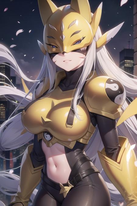 sakuyamon, <lora:sakuyamontest:0.9>, 
sakuyamon, animal ears, fox, fox ears, long hair, white hair, facial mark, fox mask, mask, (covered eyes:1.7),
BREAK armor, belt, bodysuit, gauntlets, golden armor, high heels, yin yang,
BREAK ,
BREAK outdoors, city, 
BREAK <lora:GoodHands-vanilla:1>, (masterpiece:1.2), best quality, high resolution, unity 8k wallpaper, (illustration:0.8), (beautiful detailed eyes:1.6), extremely detailed face, perfect lighting, extremely detailed CG, (perfect hands, perfect anatomy),