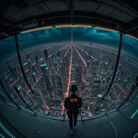 neon lights,dim light,futuristic,orange light,cable,electricity,ornate,detail,science fiction,blue purple neon,<lora:ARWCyberpunkInterior:1>,cityscape,street,Bustling city,cyberpunk city,1girl,downtown,(tall:1.1),(slender:1.1),absurdres,(realistic:1.1),(reality:1.1),(Cinematic Lighting:1.1),fisheye,