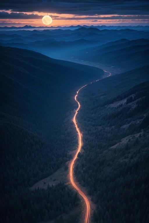 Mountains,forests,full moon, clouds, beautiful sky, night, epic landscape, desolate atmosphere, from above, photorealistic, masterpiece, 64k, UHD, ultra detailed, vivid colors, high quality, sharp focus