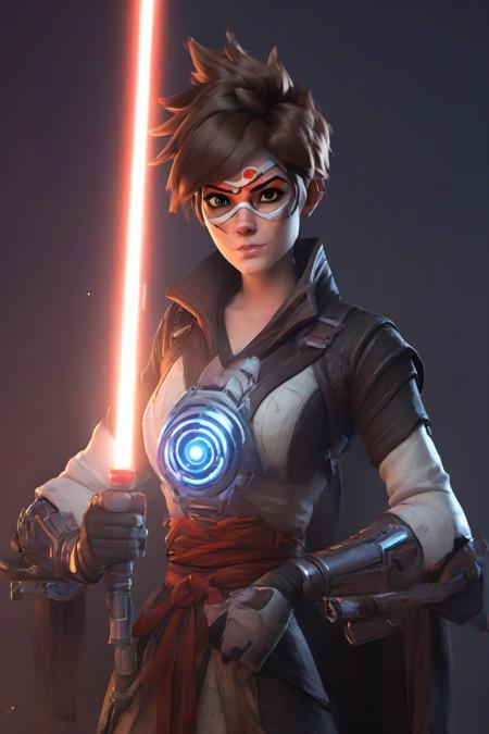 PETracerOW,<lora:PE_TracerOverWatch:1>,
portrait of tracer,freckles,outfit,
wearing sith lord clothes,robe,holding  a light saber