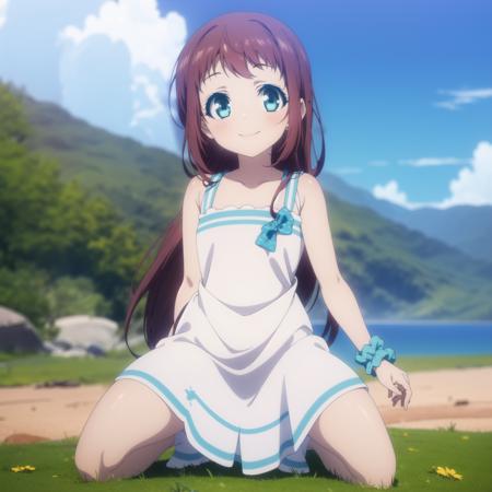 ,aamanaka,brown_hair,long_hair,blue_eyes,scrunchie, ,manakauniform,sailor_dress,school_uniform,serafuku,sailor_collar,sleeveless,