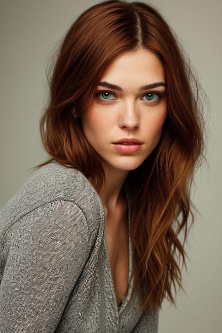 closeup of woman facing viewer, [red hair, neck, eyes, lips: seductive face expression: 0.9, 
sleek strawberry blonde bob accented with a hint of copper highlights, offering a chic and modern style. This cut is the epitome of elegance, blending warm tones for a sophisticated, eye-catching look. puckered lips:1], RAW photo, 1girl, 24yo Felicity Rose Hadley Jones
