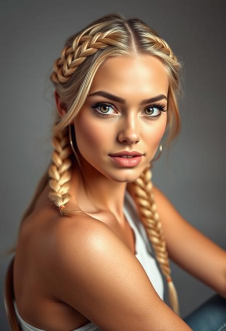 Realistic candid photo, beautiful supermodel, blonde hair in dutch braids, very realistic details, highly detailed hazel eyes, full lips, Seductive, A sultry gaze, a slightly parted lips, and a hint of a smile, professional photography and lighting, sitting on a stool in a professional studio, medium gray background, lifelike