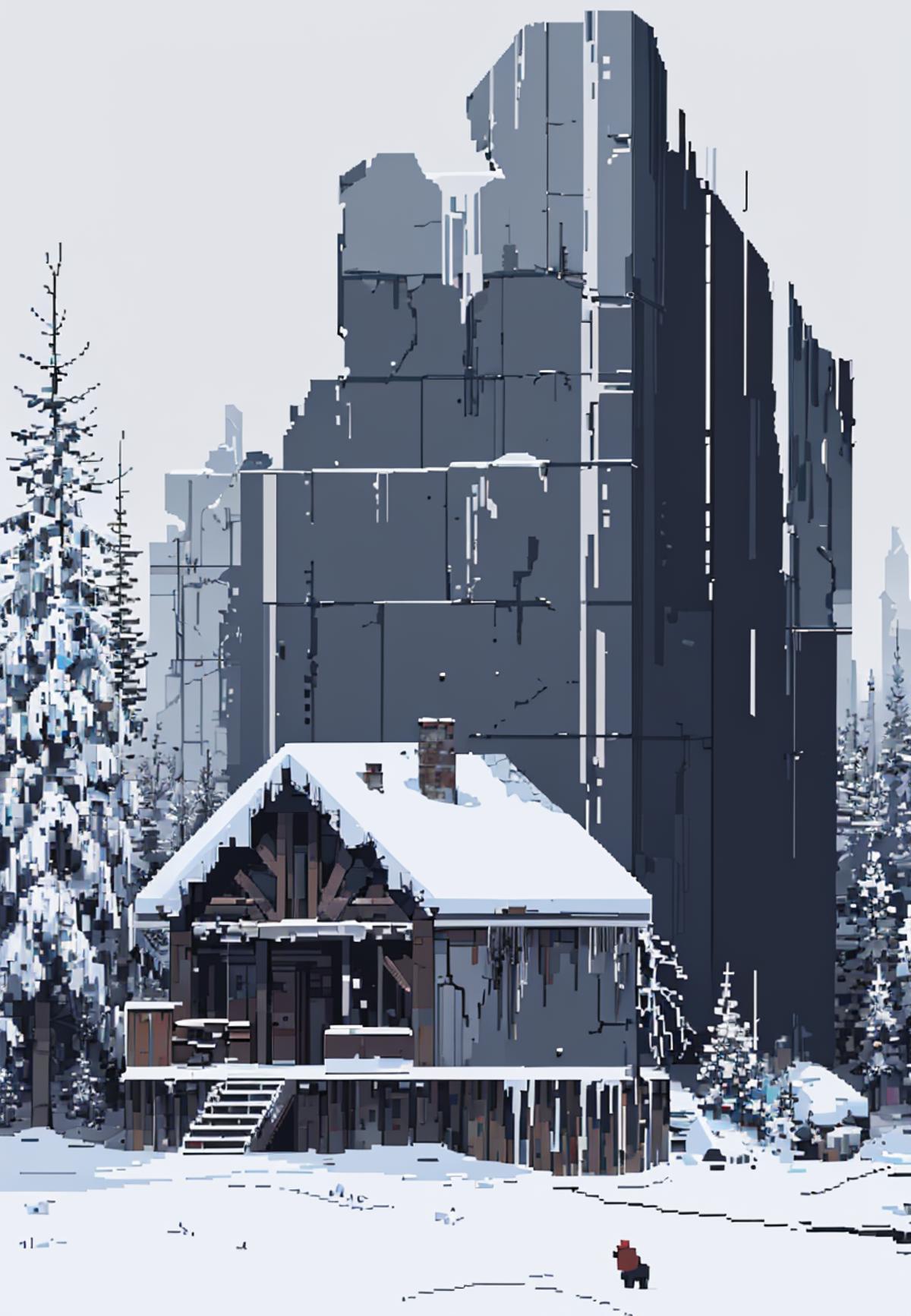 A snow-covered cabin and a tall building in a winter scene.