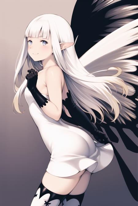 yoshida akihiko,

1girl, airy \(bravely default\), arched back, bangs, black thighhighs, blonde hair, blunt bangs, butterfly wings, dress, fairy, gloves, long hair, multicolored hair, no nose, pointy ears, smile, solo, strapless, strapless dress, thighhighs, white dress, white hair, wings, bravely default: flying fairy, bravely default \(series\)

<lora:yoshida_akihiko_offset:1>