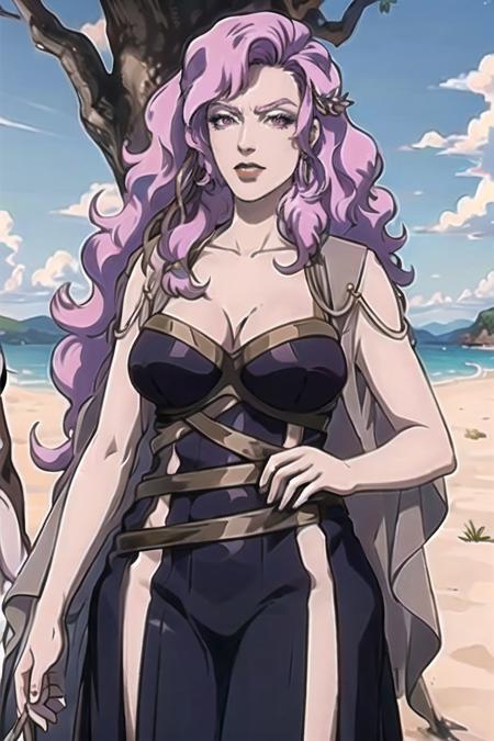 Aphrodite_bloodofzeus, dress,aiwaifu, breasts, cleavage, earrings, jewelry, large_breasts, lipstick, long_hair, makeup, purple_hair, purple_lips, wavy_hair,multicolored_hair,collarbone, curly_hair,eyemole,hair ornament, masterpiece,best quality,ultra detailed, 8k, 4k,highly detailed, scenery,pose,solo,
