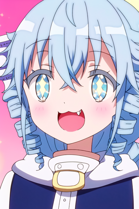 1girl, solo, blue hair, blue eyes, fang, open mouth, smile, blush, drill hair, :d, :3, + +, looking at viewer, sparkling eyes