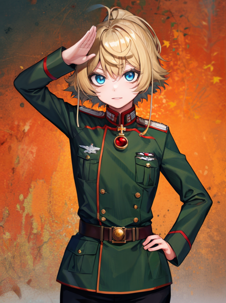 masterpiece, detailed, high quality, absurdres, tanya, 1girl, solo, small breasts, curvy, military, military uniform, black pants, standing, salute,