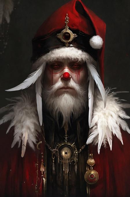 a dark Santa Claus with a black headdress and a red hat,Eve Ventrue Art,feathers,from the game Pathologic 2,glitched fantasy painting,the mechanical doll,Symmetric Character Concept Art,full art illustration,Michael hussar,SCP 173 Art,Father Christmas,close up