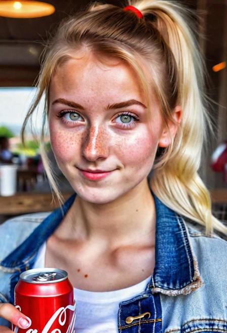 girl, blonde ombre hair, ponytail, grey eyes, white t-shirt, medium breasts, denim jacket, holding a soda can, freckles, nosering, watching at the viewer, upper body photo, hyperrealistic, 8k, highest quality, HDR+,