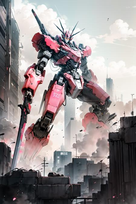 <lora:InkMecha:1>, sky, cloud, holding_weapon, no_humans, glowing, , robot, building, glowing_eyes, mecha, science_fiction, city, realistic,light pink mecha