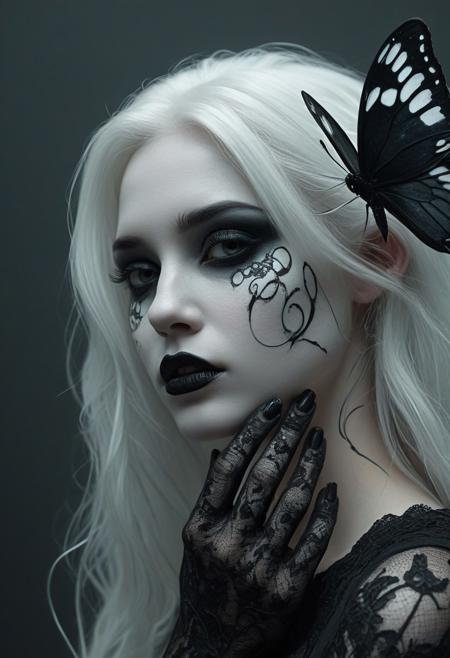 A close-up profile of a young, beautiful gothic woman with porcelain-white skin that glows softly under moody lighting. Her makeup is deep black — bold eyeliner, dark matte lipstick, and heavily shadowed eyes, giving her a striking, mysterious presence. Her long, flowing white hair contrasts elegantly with her dark aesthetic, and she wears a sheer black lace glove on one hand, her nails painted glossy black. A delicate black-and-white butterfly with intricate wing patterns rests gently on her pale cheek, adding a surreal, poetic touch. The background fades softly to dark gray, with rich textures in the lace, skin, and hair creating an ethereal beauty and soft melancholy. Digital painting style, ultra-detailed textures. Hyperrealistic, splash art, concept art, mid shot, intricately detailed, color depth, dramatic, 2/3 face angle, side light, colorful background. Element Air , Mythpunk , Graphic Interface , Sci-Fic Art , Dark Influence , NijiExpress 3D v3 , Kinetic Art , Datanoshing , Oilpainting , Ink v3 , Splash style , Abstract Art , Abstract Tech , Cyber Tech Elements , Futuristic , Illustrated v3 , Deco Influence , AirBrush style , drawing