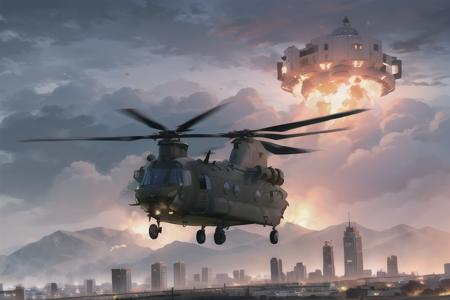 analog gloomy aerial photo of a black (Chinook helicopter, <lora:ch1n00k:0.8>), ((nighttime)), (flying low through a (city on fire)), city ruins, (urban combat), ((explosions in the background)), High Detail, Sharp focus, (photorealism), realistic, best quality, 8k, award winning, dramatic lighting, epic, cinematic, masterpiece, rim light, (action movie), ambient fog:1.3, war,  depth of field, dutch angle, motion blur,