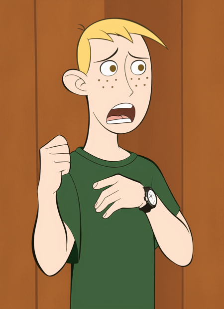 kim possible style, masterpiece, best quality, solo, blonde hair, 1boy, male focus, parody, shirt, wristwatch, watch, brown eyes, upper body, open mouth, style parody, wooden wall, freckles, indoors, green shirt, <lora:kim_possible_offset:1>