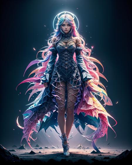 (masterpiece, top quality, best quality,watercolor (medium),official art, beautiful and aesthetic:1.2),(1girl:1.3), (fractal art:1.3),full body, looking at viewer,patterns,(rainbow color Hair,colorful hair,half blue and half pink hair:1.2), Movie Light, (Hell Building), Death Light, (Purple Particle), Demon, Moon, Bright Moonlight Skull, Very long hair, clothes with ridiculous Details, Whirlwinds, made out of ral-pnrse <lora:ral-pnrse-sd15:1> ral-pnrse