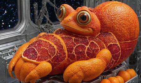 a human frog mutant formed from blood oranges in the pilot seat of a space ship in space, with large eyes <lora:blood_orange_world_morph_sdxl:1>  realistic, orange (fruit)