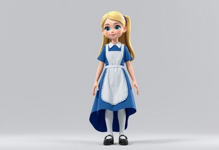 3d, CGI, rendered, A blonde girl in a blue dress with a white apron white stockings and black mary janes