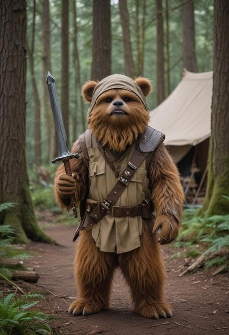 A full body photo of Wicket the Ewok on Endor, it's carrying an a sword and riding a raccoon, 
It looks at camera smiling, cute and  adorable yet fierce, Midevil tents in background , funny, 
highest quality, exceptional accuracy and realism,