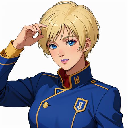 masterpiece,high quality,white background,
<lora:emaryounce002:0.4>,solo,light smile,
emary_ounce,1woman,
short hair,blonde hair,makeup,blue eyes,lipstick,(white lips:1.2),(dark skin:1.2),
uniform,blue military uniform,military,jacket,long sleeves,
close-up,