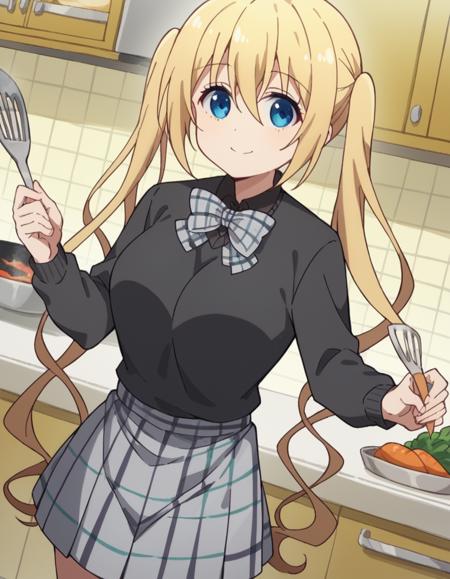 kaho hinata, blonde hair, blue eyes, hair between eyes, long hair, sidelocks, twintails, large breasts apron, blue shirt, blue skirt, frilled apron, frills, gloves, head scarf, shirt, short sleeves, skirt, uniform, waist apron, waitress, white apron, white gloves skirt, shirt, long sleeves, bow, school uniform, pleated skirt, collared shirt, bowtie, sweater, plaid, black shirt, plaid skirt, grey skirt, black sweater, grey bow,