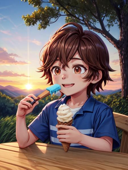 best quality, masterpiece, highres, detailed, perfect anatomy,  <lora:Detail - add_detail:0.2>,  <lora:FNaFGregory:0.8>, male child, brown hair, FNAFGregory, brown eyes, blue shirt with two stripes, one bandage on face, outside, forest, eating ice cream, happy, sunset,