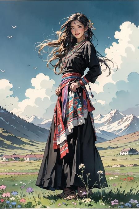 Masterpiece,best  quality,1girl, smile, in black, (full body),  ((Tibetan)),  front view, Prairie, sunset, sun, wind, floating hair, mountain<lora:Tibetan_v1:0.9>