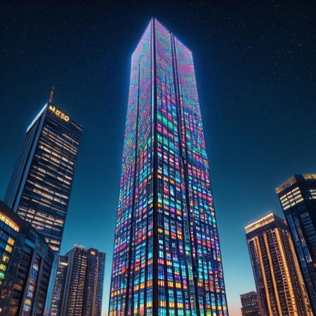 LED, a skyscraper with colorful LED lights, detailed background, detailed texture, Night sky.