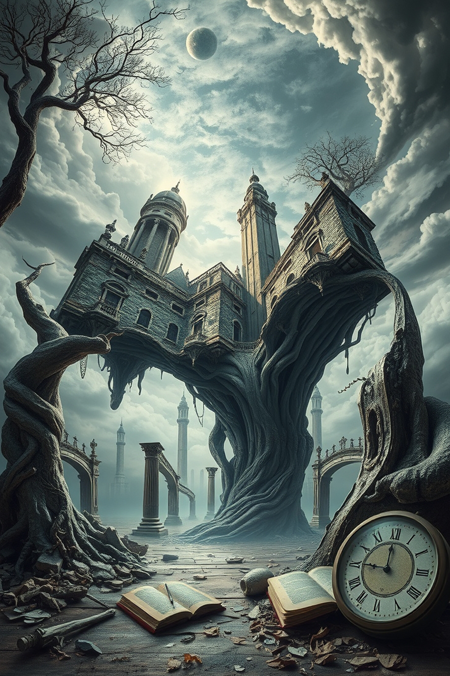 A surreal, dreamlike realm where the laws of physics are mere suggestions, featuring a twisted, broken world with inverted landscapes and structures that defy gravity, with gnarled, twisted trees and architectural ruins that seem to float, melt, or blend together in impossible ways, set against a backdrop of swirling, ethereal clouds and misty ambiance, with fragments of reality scattered throughout.
