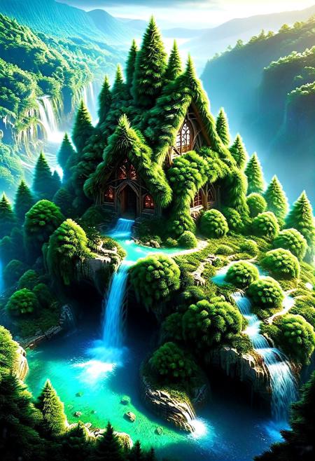 Amidst the vast expanse of sapphire seas stretches an improbable sight - a leviathan of ages past, a titan among turtles. Its carapace, polished smooth by eons, spans leagues, forming a verdant oasis afloat upon the boundless brine. Lush emerald forests clothe its mighty shell, teeming with vibrant flora and fauna thriving in microclimates sculpted by the gentle curve of its back. Majestic waterfalls plummet from lofty heights, crystalline streams snaking downward 'til they merge with azure waters lapping rhythmically against weathered flanks. Nestled betwixt gnarled roots and moss-kissed boughs lies a hamlet cloaked in diaphanous mists, dwellings crafted with loving care echoing the organic forms surrounding them.
ethereal fantasy concept art, magnificent, celestial, ethereal, epic, majestic, magical, fantasy art, cover art, dreamy otherworldly, mysterious, Digital painting, 
beautiful, painterly, textural, artistic, aesthetic, 
intricate details, highly detailed, ultra-detailed, absurdres, vivid, vibrant, volumetric lighting, 
aid291, midjourneyv6.1, fir needles, fir needle style, fir needle, made out of fir needles