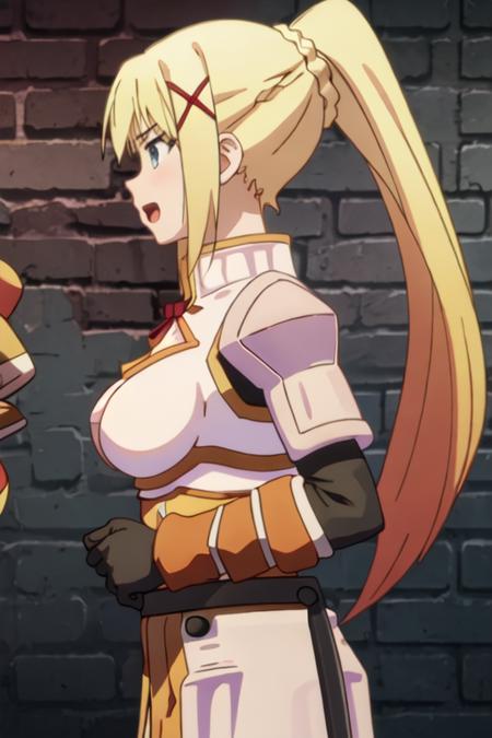 best quality, masterpiece, highres, solo, {lalatina_dustiness_ford_konosuba:1.15}, blonde_hair, long_hair, hair_ornament, x_hair_ornament, ponytail, blue_eyes, parody, open_mouth, 1girl, from_side, profile, anime_coloring, armor, braid, breasts, large_breasts, upper_body, brick_wall