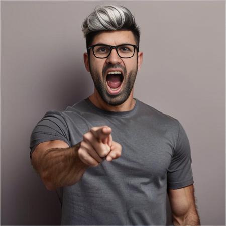 1boy, shirt, male focus, facial hair, solo, beard, glasses, black shirt, open mouth, pointing, upper body, looking at viewer, arm hair, t-shirt, meme, white hair, pointing at viewer, short sleeves, realistic<lora:Accuse:0.8>