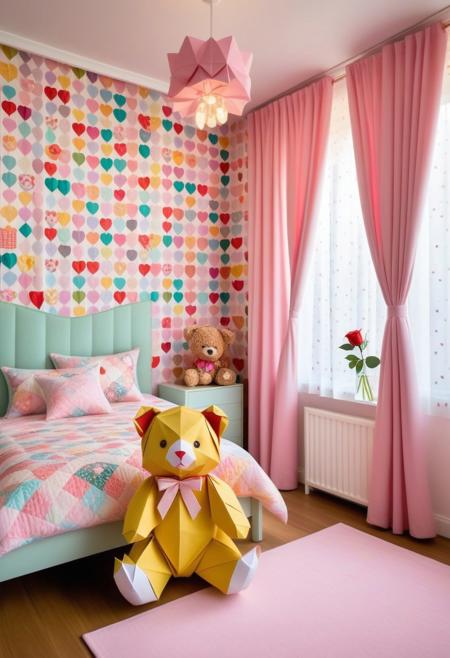 8k, score_9, score_8_up, score_7_up,Jed-StickyN,
masterpiece,realistic,ultra detailed, vibrant colors,photo-realistic,
Origami teddy bear, colorful origami,
Floral wallpaper, pink curtains,
A girl's room made of origami, with a rose vase, heart patterns, floral patterns, check patterns, and argyle patterns