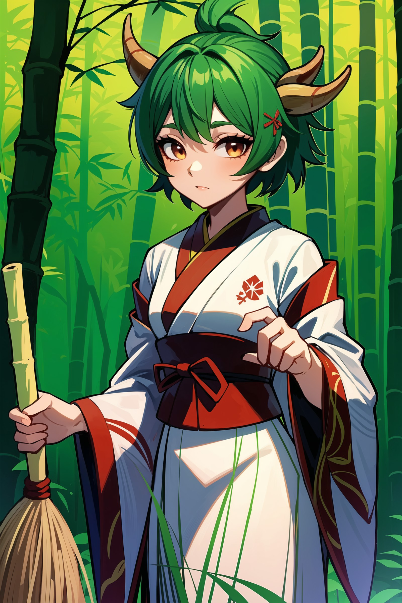 deer girl,ribbon-trimmed sleeves,bamboo,looking at viewer,standing,red eyeshadow,holding broom,eyeshadow,forest,shiraisado...