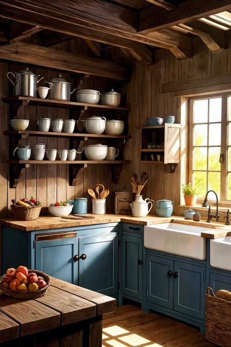 farmhouse kitchen (Clutter-Home:1) bright morning light shining through window (masterpiece:1.2) (illustration:1.2) (best quality:1.2) (detailed) (intricate) (8k) (HDR) (cinematic lighting) (sharp focus)