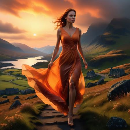 Ultra realistic color pencil  image a beautiful woman running through the Scottish highlands in a very long flowing cocktail dress, in the sunset,
BREAK
Deep dark intense dark organge misty background, Dark theme, dynamic lighting, (soft shadows), (soft focus), (photo realistic), uhd, 8k