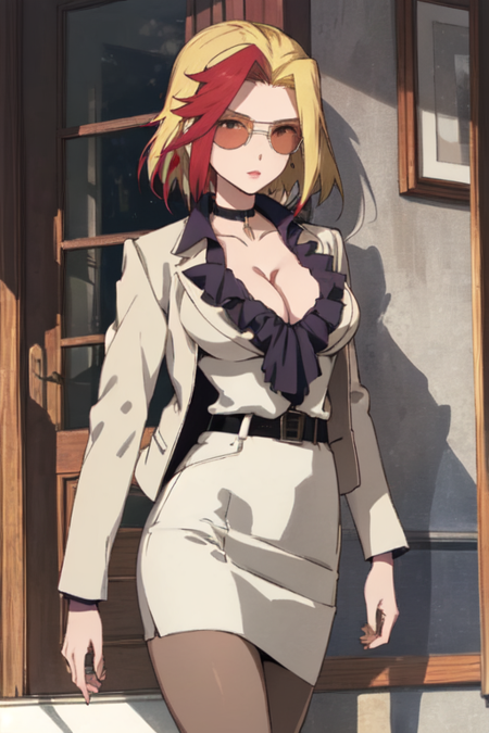 HarukaLuciela, 1girl, solo, short hair, blonde hair, red hair, two-tone hair, large breasts, cleavage, jacket, pantyhose, red hair, sunglasses, choker, belt, miniskirt, formal, suit, pencil skirt