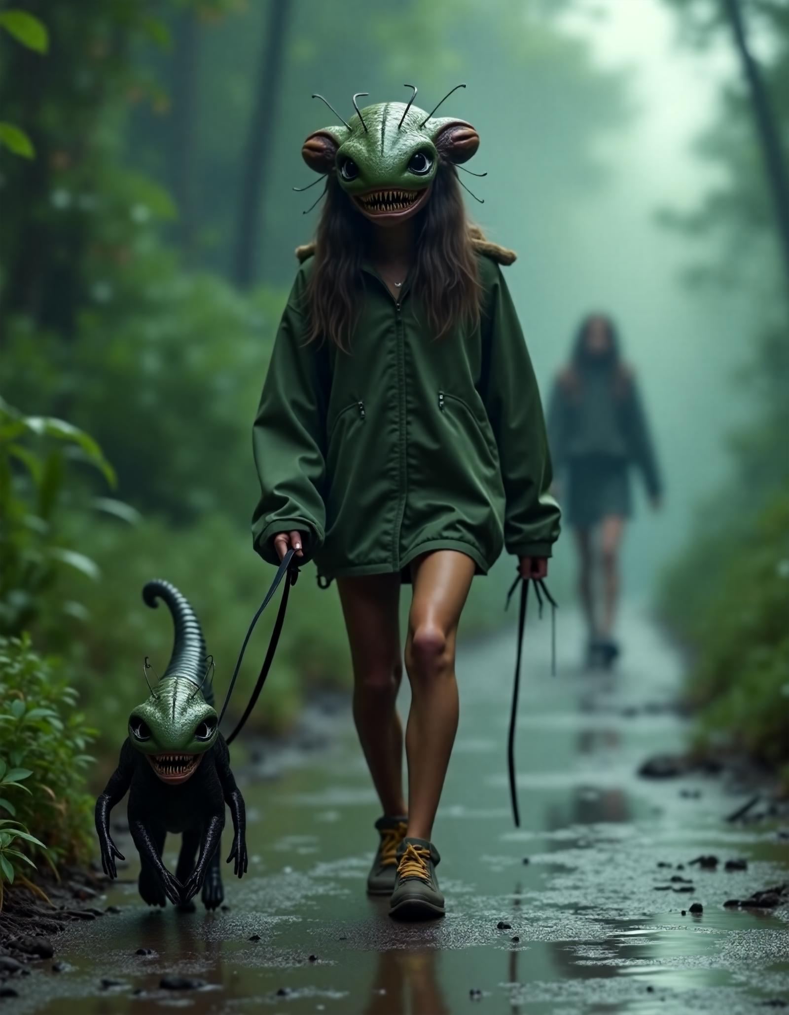 young woman walking with her pet giger's alien on the leash, dripping sweat, larvae, teeth, bulbous, danger, alien, sci-fi,4k, octane render, detailed, hyper-realistic, pacific rim, cinematic, moody, Photography by Sarah Morris, Hellen van Meene, Craig Mullens, artstation, nasa, lens dirt,\n\nvivid, bad trip, acid colors, delusional, by norman rockwell