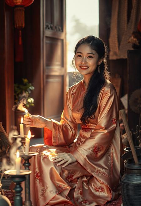 A high quality photo of a beautiful young Chinese woman wearing a traditional Chinese silk dress, sitting inside a temple. She's lighting incense and candles, cozy, slight smile, sunbeams through the doorway, dust in the air, effortlessly chic, beautiful, artistic, serene, detailed, slightly cluttered environment with plants and tools. High detail, heavy use of depth of field, 4k, super realistic, real photo, shot on Canon, camera, orange dreamy lighting, muted colors,