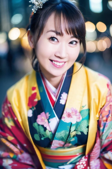 1girl,(wearing an elegant kimono),(RAW photo, best quality), (realistic, photo-realistic:1.4), masterpiece, an extremely delicate and beautiful, extremely detailed, 2k wallpaper, Amazing, finely detail, extremely detailed CG unity 8k wallpaper, ultra-detailed, highres, soft light, beautiful detailed girl, extremely detailed eyes and face, beautiful detailed nose, beautiful detailed eyes,cinematic lighting,city lights at night,close up,smiling,perfect anatomy,